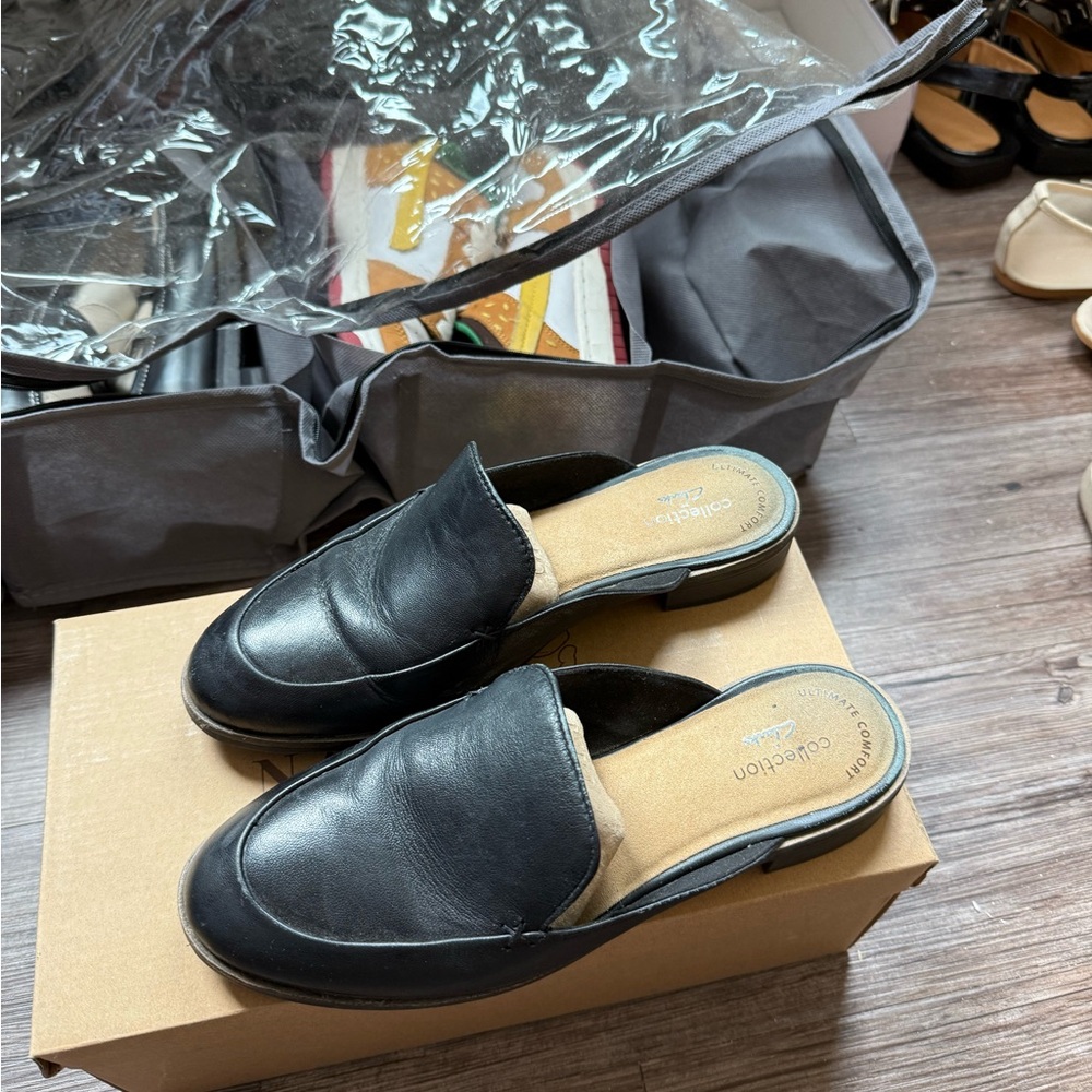 Clarks Black Leather Mules with Cushioned Footbed